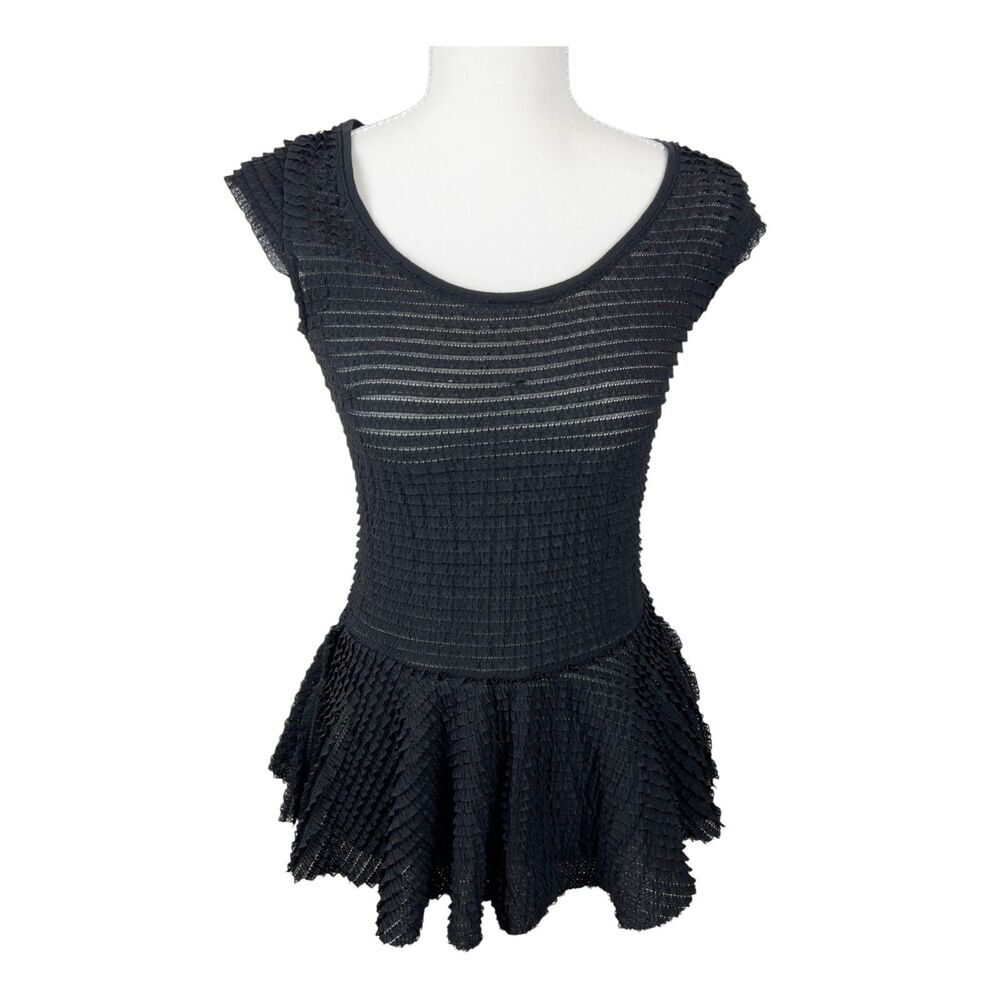 Zara T-Shirt Collection Blouse Women Small Black Ruffle Cap Sleeve Peplum Top